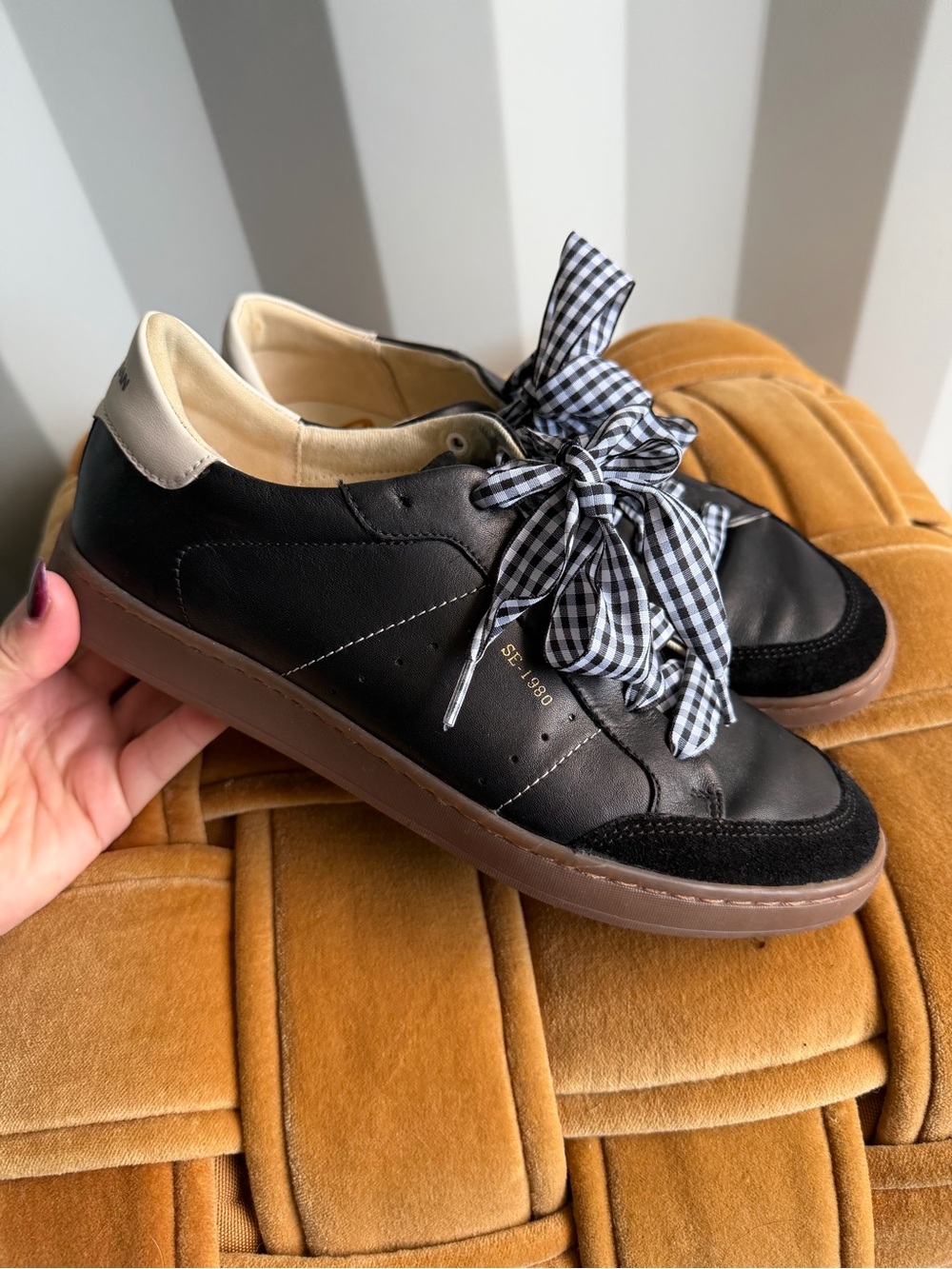Sam Edelman Black Leather Sneakers Gingham Ribbon Laces Size 8.5